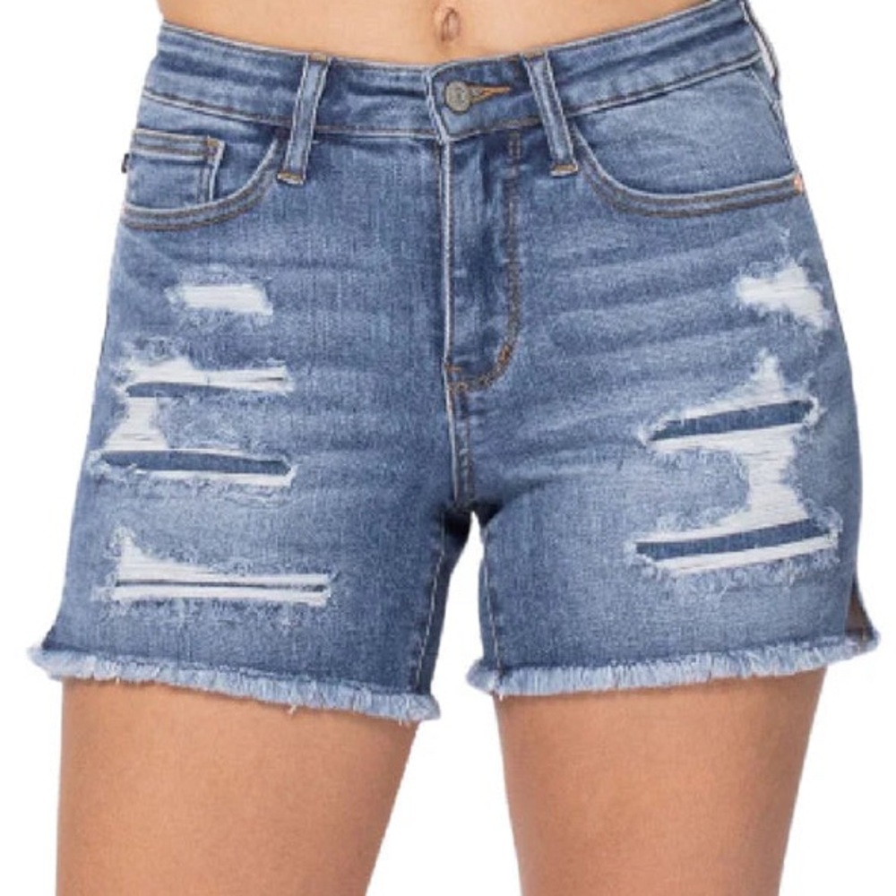 JUDY BLUE DENIM PATCH CUTOFF SIDE SLIT SHORTS - PATCHED DISTRESSED 1XL